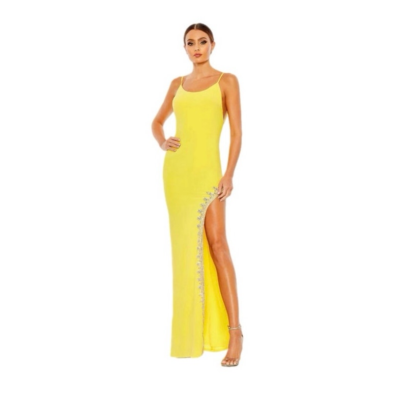Mac Duggal Yellow Rhinestone Encrusted Side Slit Cami Bodycon Gown Size 8 Nwt